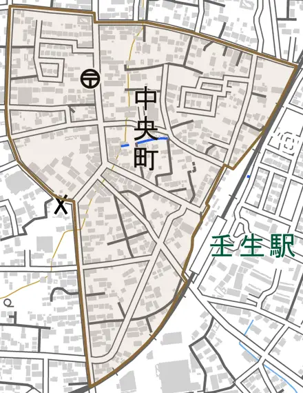 中央町とその周辺の地図。町の範囲を重ねている