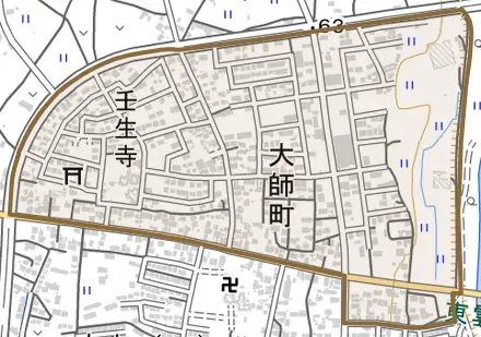 大師町とその周辺の地図。町の範囲を重ねている
