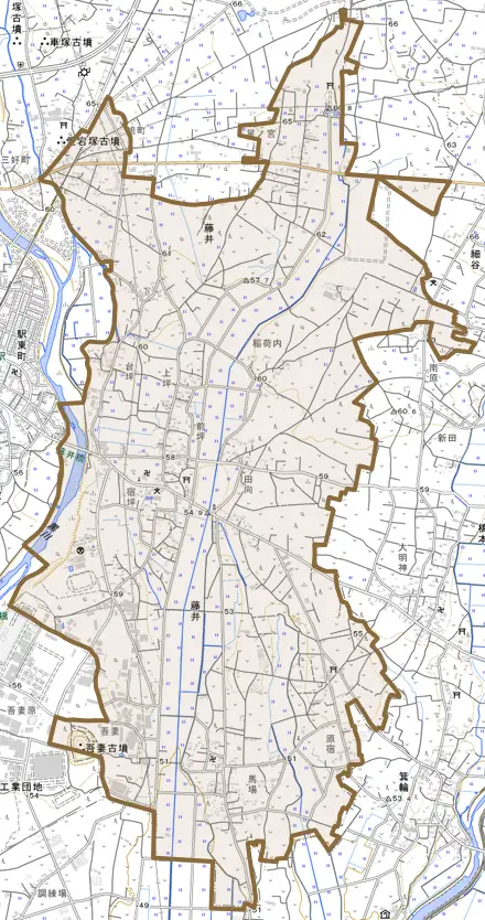 大字藤井とその周辺の地図。町の範囲を重ねている