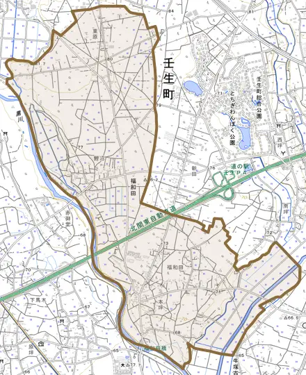 大字福和田とその周辺の地図。町の範囲を重ねている