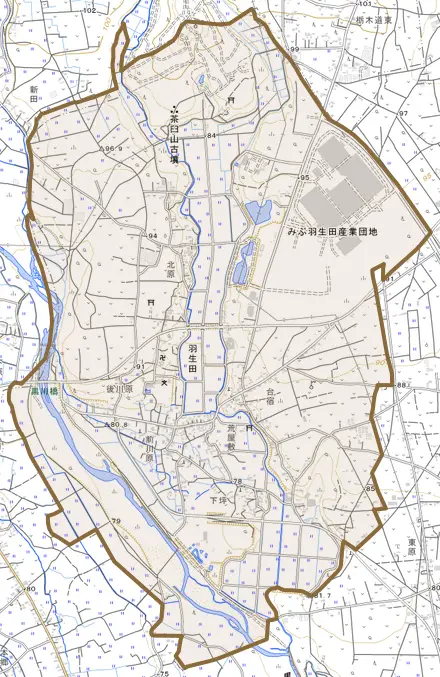 大字羽生田とその周辺の地図。町の範囲を重ねている