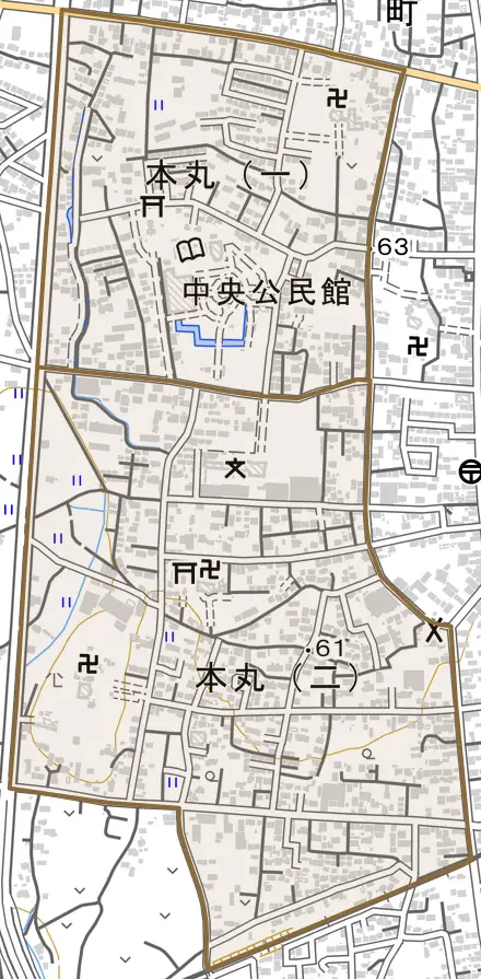 本丸とその周辺の地図。町の範囲を重ねている