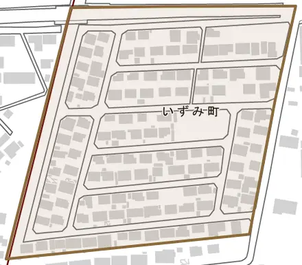 いずみ町とその周辺の地図。町の範囲を重ねている