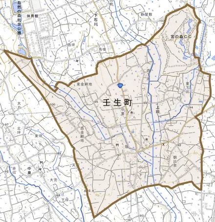 大字上田とその周辺の地図。町の範囲を重ねている