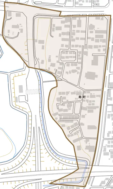 寿町とその周辺の地図。町の範囲を重ねている