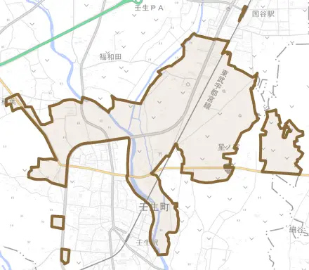 大字壬生甲とその周辺の地図。町の範囲を重ねている