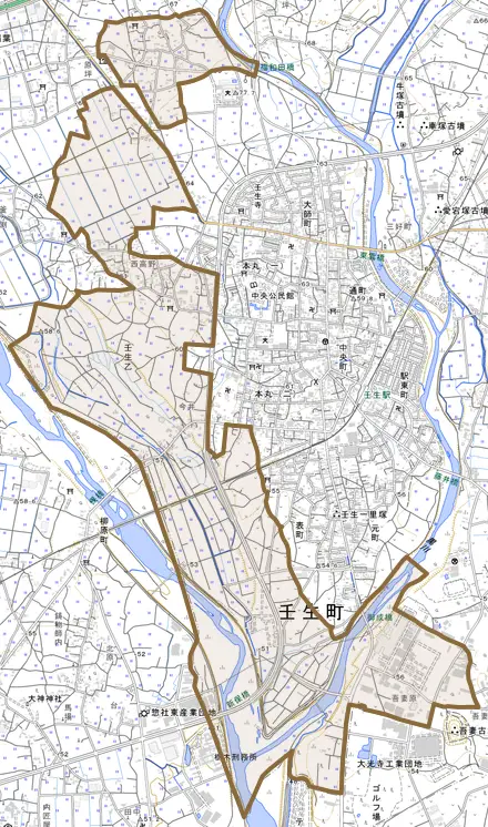 大字壬生乙とその周辺の地図。町の範囲を重ねている