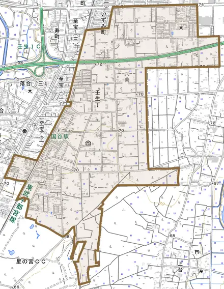 大字壬生丁とその周辺の地図。町の範囲を重ねている