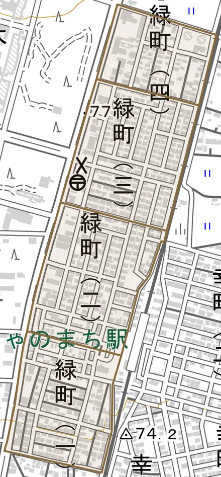 緑町とその周辺の地図。町の範囲を重ねている