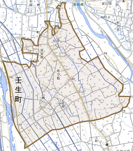 大字七ツ石とその周辺の地図。町の範囲を重ねている