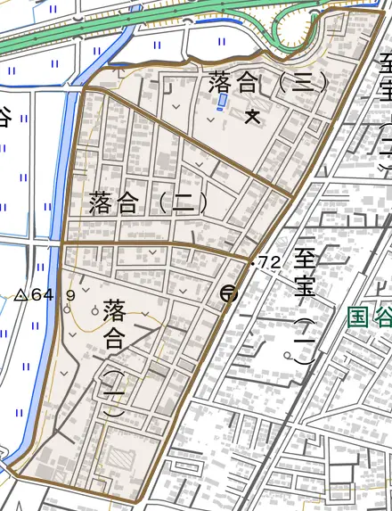 落合とその周辺の地図。町の範囲を重ねている
