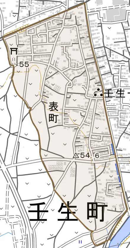 表町とその周辺の地図。町の範囲を重ねている