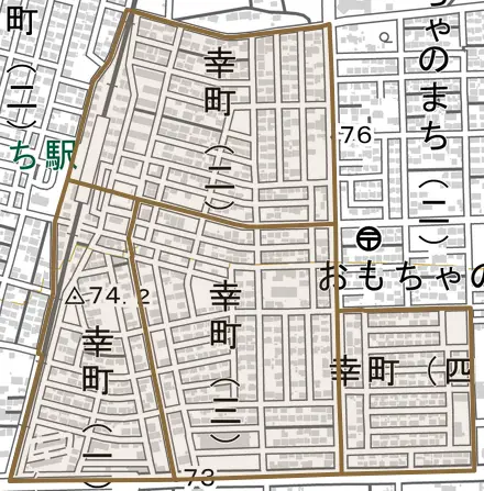 幸町とその周辺の地図。町の範囲を重ねている