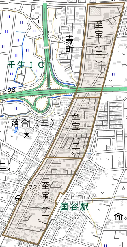 至宝とその周辺の地図。町の範囲を重ねている