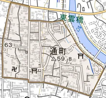 通町とその周辺の地図。町の範囲を重ねている