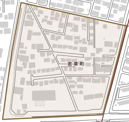 若草町とその周辺の地図。町の範囲を重ねている