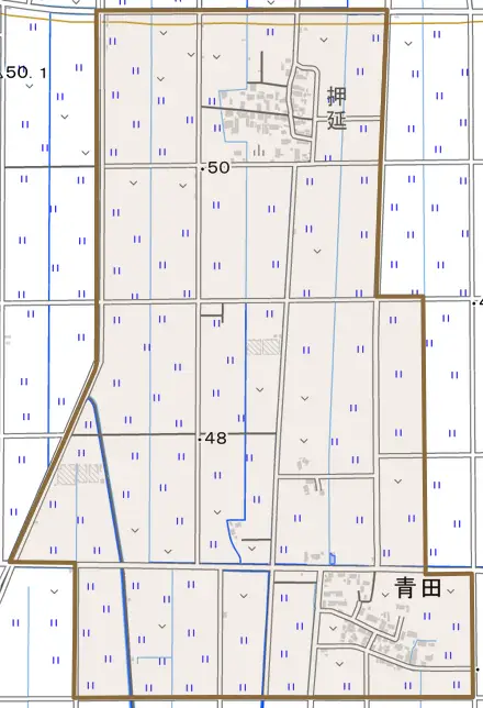 青田とその周辺の地図。町の範囲を重ねている