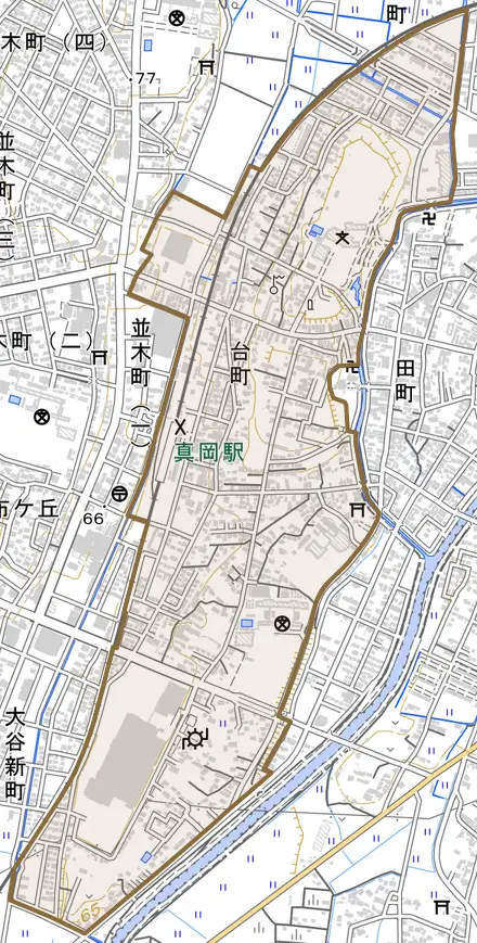 台町とその周辺の地図。町の範囲を重ねている