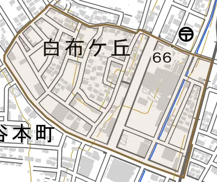 白布ケ丘とその周辺の地図。町の範囲を重ねている