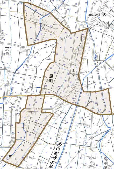 原町とその周辺の地図。町の範囲を重ねている