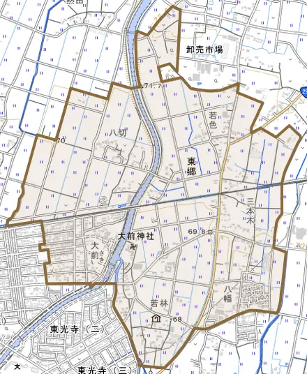 東郷とその周辺の地図。町の範囲を重ねている