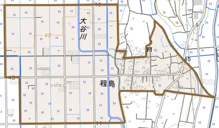 程島とその周辺の地図。町の範囲を重ねている