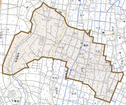 堀内とその周辺の地図。町の範囲を重ねている