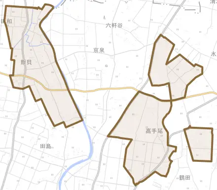 飯貝とその周辺の地図。町の範囲を重ねている
