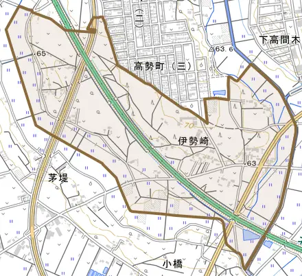 伊勢崎とその周辺の地図。町の範囲を重ねている