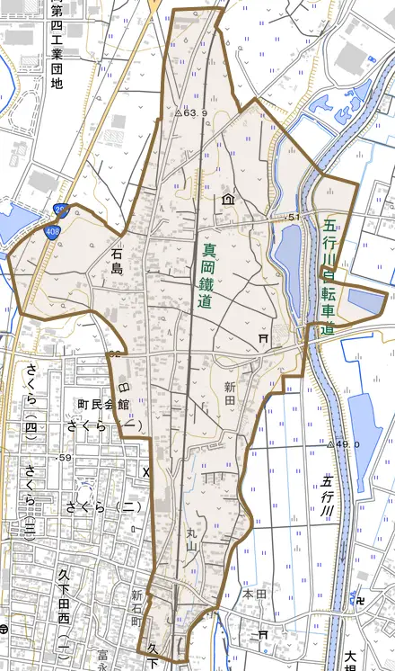石島とその周辺の地図。町の範囲を重ねている
