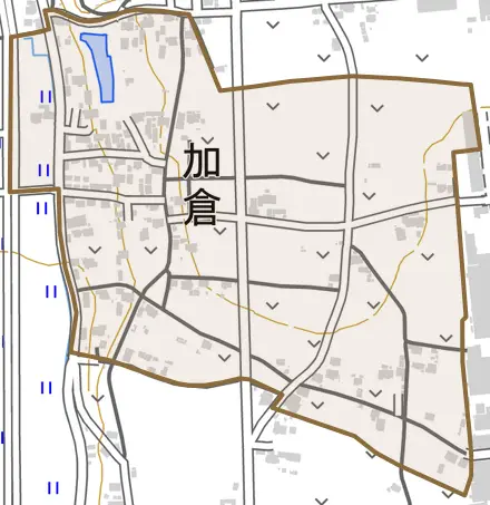 加倉とその周辺の地図。町の範囲を重ねている