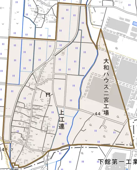 上江連とその周辺の地図。町の範囲を重ねている