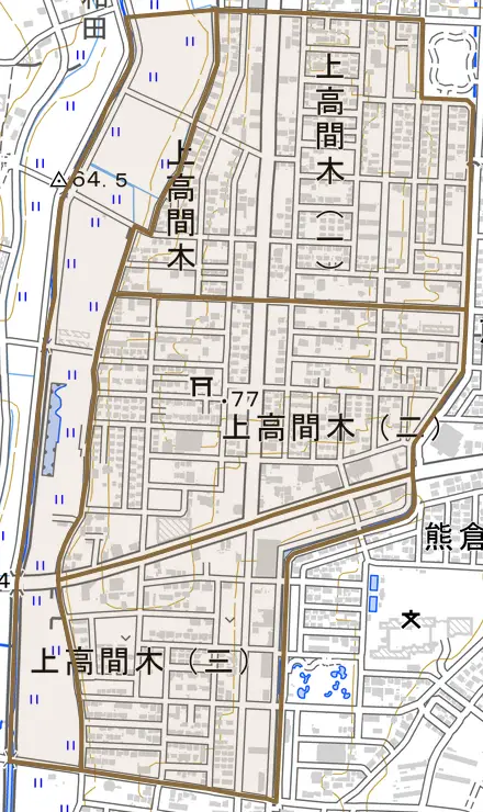 上高間木とその周辺の地図。町の範囲を重ねている