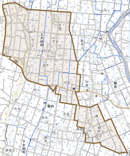 上大田和とその周辺の地図。町の範囲を重ねている
