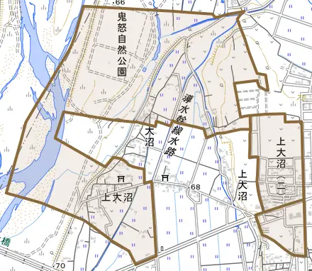 上大沼とその周辺の地図。町の範囲を重ねている