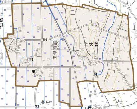 上大曽とその周辺の地図。町の範囲を重ねている