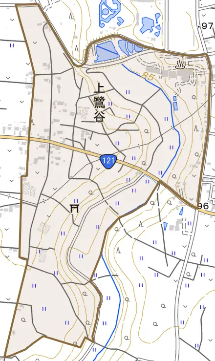 上鷺谷とその周辺の地図。町の範囲を重ねている