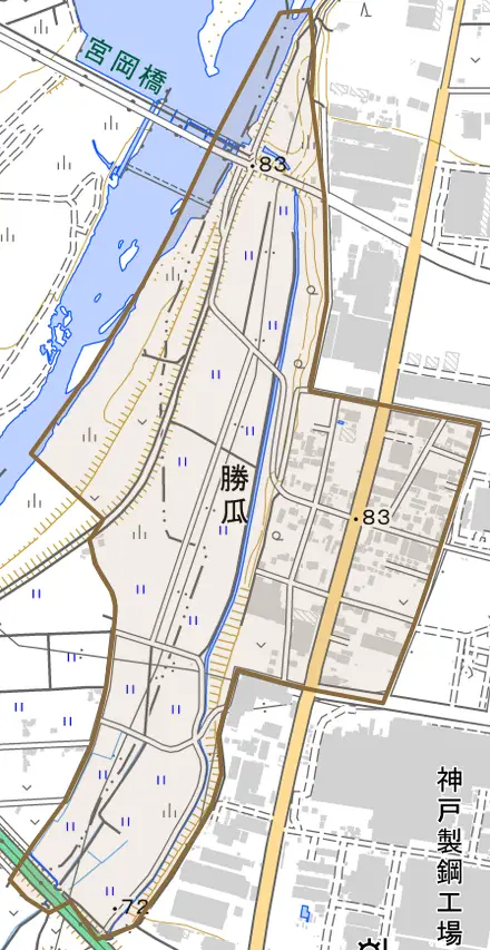 勝瓜とその周辺の地図。町の範囲を重ねている