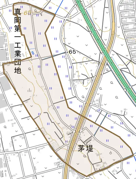 茅堤とその周辺の地図。町の範囲を重ねている