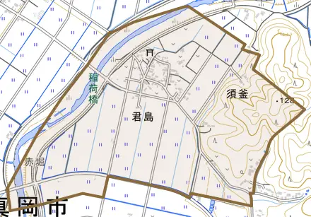 君島とその周辺の地図。町の範囲を重ねている