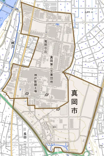 鬼怒ケ丘とその周辺の地図。町の範囲を重ねている