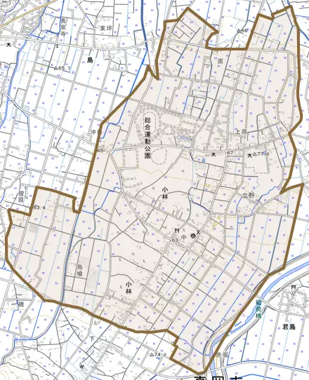 小林とその周辺の地図。町の範囲を重ねている