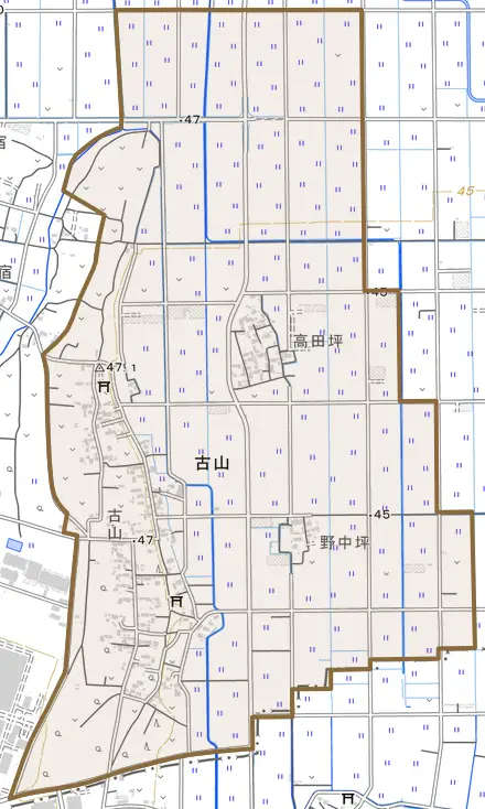 古山とその周辺の地図。町の範囲を重ねている