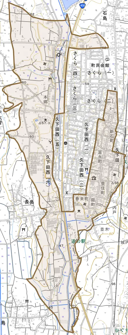 久下田とその周辺の地図。町の範囲を重ねている
