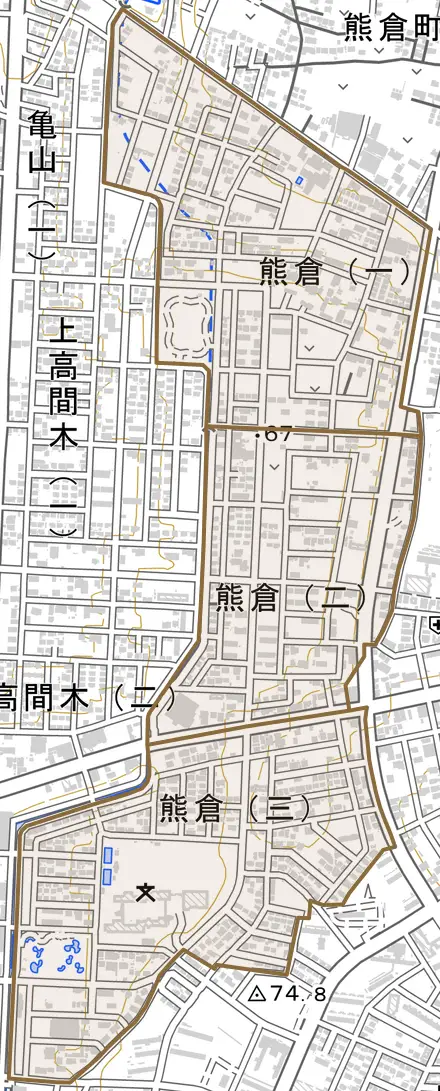 熊倉とその周辺の地図。町の範囲を重ねている