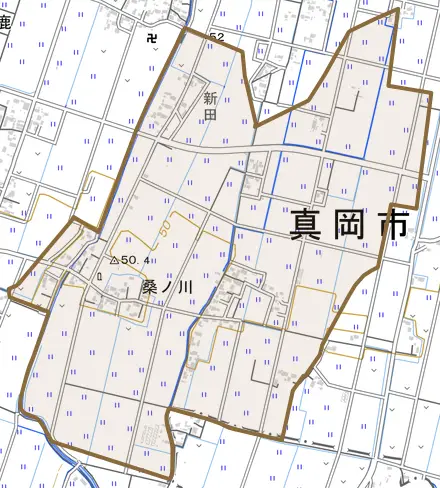 桑ノ川とその周辺の地図。町の範囲を重ねている