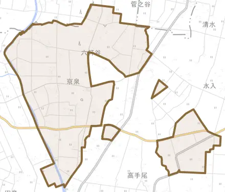 京泉とその周辺の地図。町の範囲を重ねている