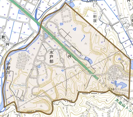 水戸部とその周辺の地図。町の範囲を重ねている