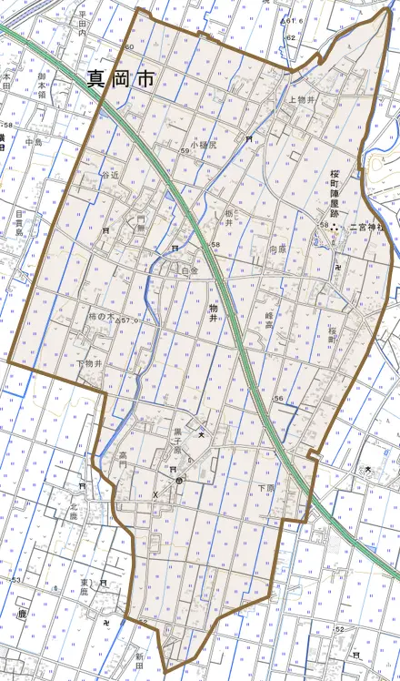 物井とその周辺の地図。町の範囲を重ねている