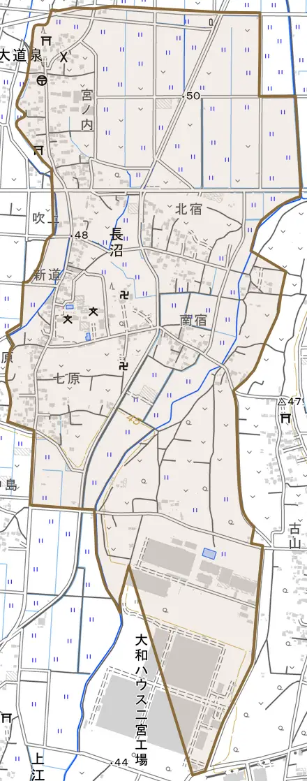 長沼とその周辺の地図。町の範囲を重ねている